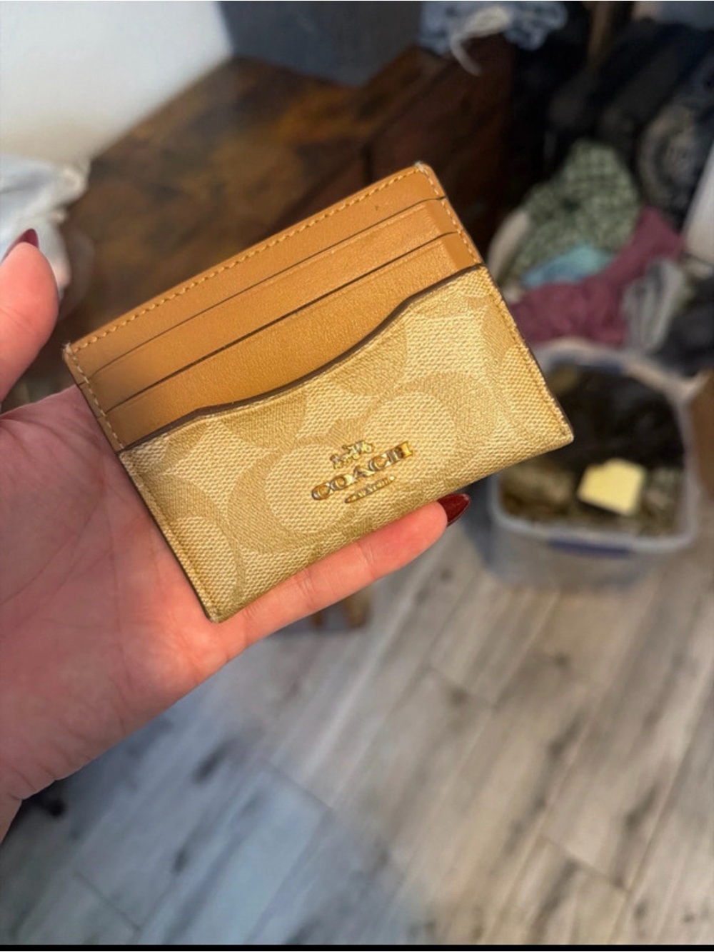 COACH Beige/Tan Signature Canvas Card Holder with Leather Trim